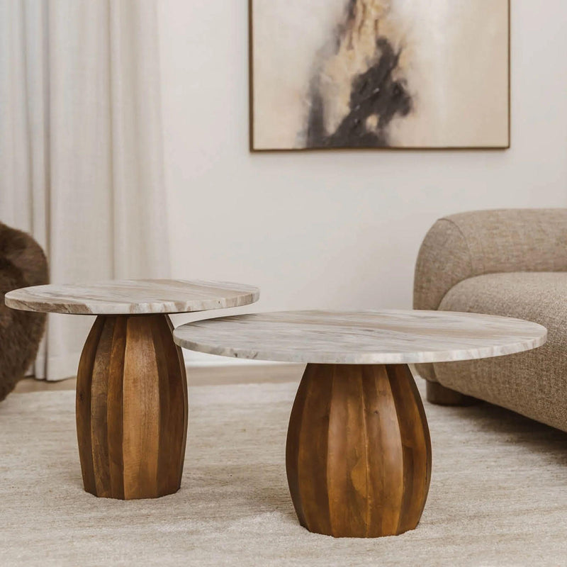 Two-piece coffee table set made of marble and mango wood.