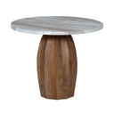 Round table with marble top and wooden base on a white background