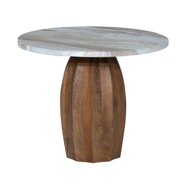 Round table with marble top and wooden base on a white background