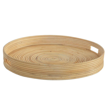 Round bamboo tray with coiled texture and handles