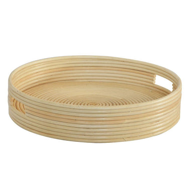 Round bamboo tray with coiled texture and handles