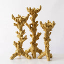 Three gold coral-shaped candle holders arranged together on a plain white background.