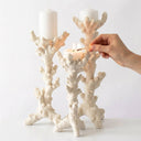 Three coral-shaped candle holders in a warm off-white tone, with two holding white taper candles and a hand lighting one with a match against a clean white background.