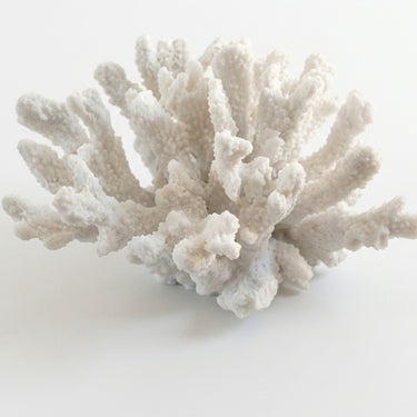 White artificial coral decorative object with a textured, branching structure.