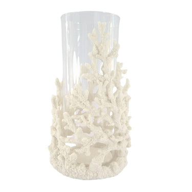Coral hurricane candle holder with faux coral wrapped around clear glass