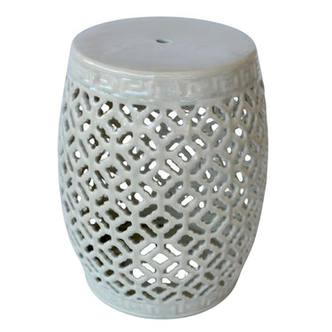 Glossy pale green ceramic stool with crackle finish and round top surface
