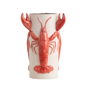 Red crayfish ceramic vase with a glossy red crayfish wrapped around a speckled cream body