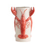 Red crayfish ceramic vase with a glossy red crayfish wrapped around a speckled cream body