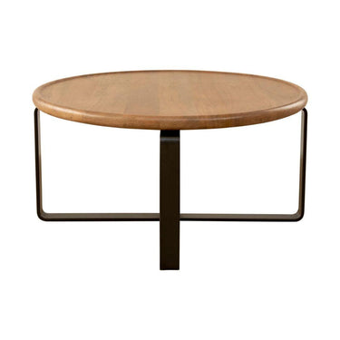 Round wooden coffee table with black metal legs on a white background