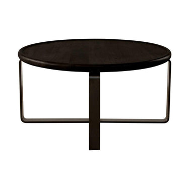 Black round coffee table with a minimalist design on a white background