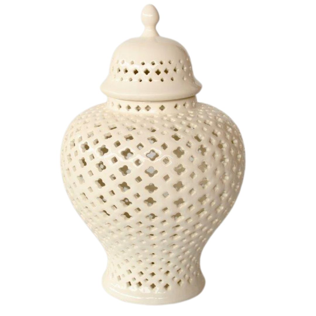 a ceramic jar with a lattice design