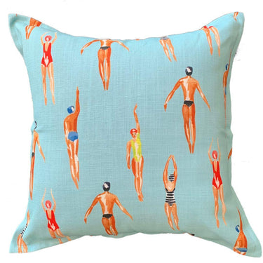 Dalebrook Scatter Cushion with swimmers viewed from above on a blue background