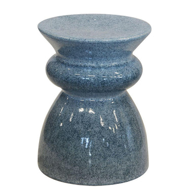 Blue speckled ceramic side table on a white background
