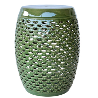 Dark Green Ceramic Garden Stool with Cut-Out Design