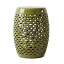 Dark green ceramic stool with an openwork design and barrel shape