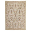 A rectangular area rug with traditional floral and medallion pattern in beige, cream, and light brown tones.
