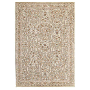 A rectangular area rug with traditional floral and medallion pattern in beige, cream, and light brown tones.