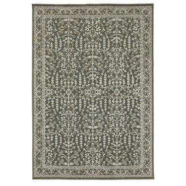 vintage floral area rug in deep sage green and cream tones from 100% recycled polyester.