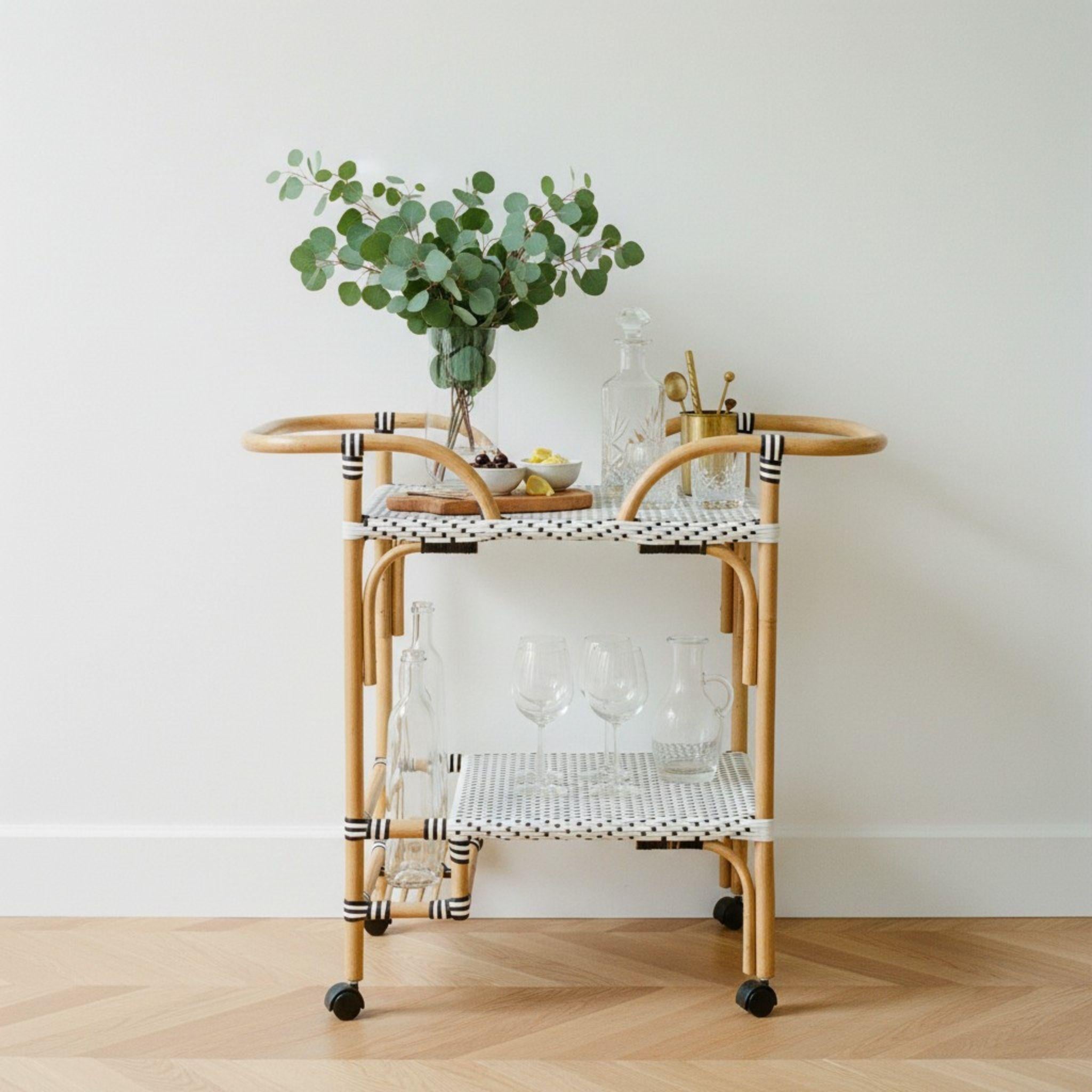 parisian drinks trolley styled with eucalyptus and bottles