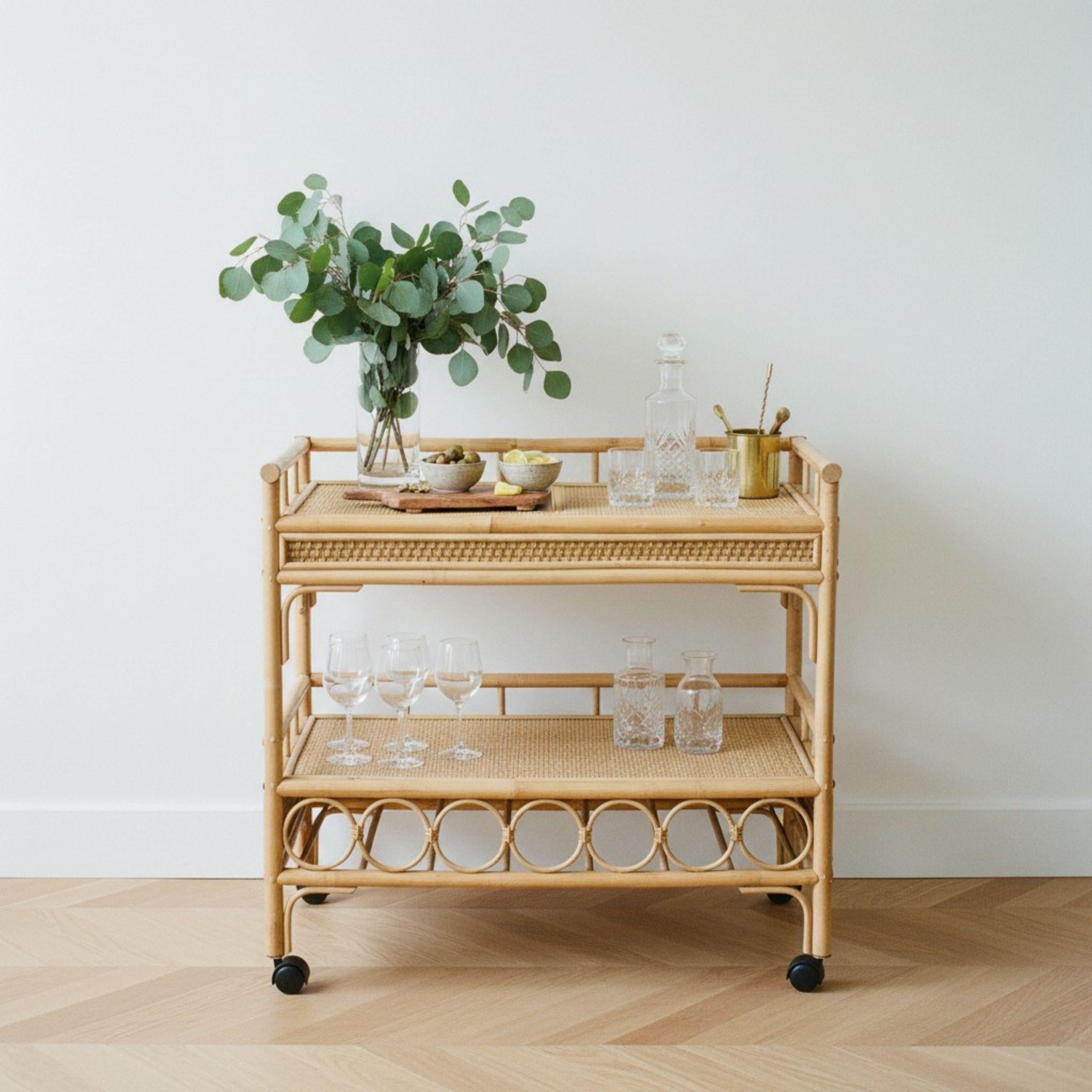 rattan drinks trolley styled with eucalyptus and decanter