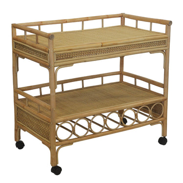 rattan drinks trolley with two woven shelves
