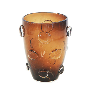 Amber brown glass vase with a rounded shape, featuring raised bubble-like circular patterns.