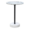A modern side table featuring a round white marble top and base with subtle gray veining, supported by a slim black metal pedestal column.