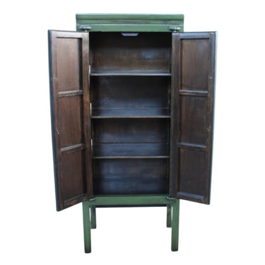 Interior view of a 195cm tall green storage cabinet showing three roomy shelves and deep storage bay.
