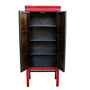 Interior view of a 195cm tall red storage cabinet showing three roomy shelves and deep storage bay.