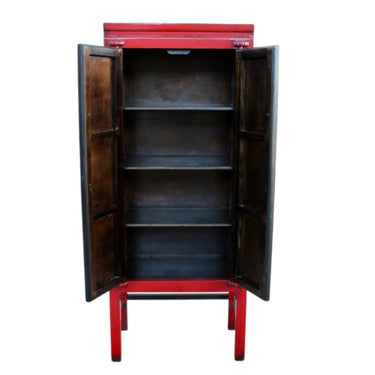 Interior view of a 195cm tall red storage cabinet showing three roomy shelves and deep storage bay.