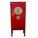 Tall red Dynasty storage cabinet with doors in a high-gloss scarlet finish for hallway storage