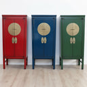 Dynasty Tall Hallway Cabinet in red, blue and green styled next to each other 