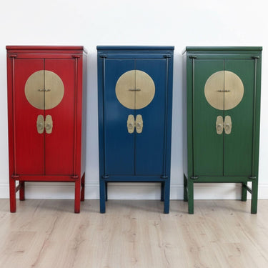 Dynasty Tall Hallway Cabinet in red, blue and green styled next to each other 