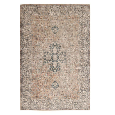 Esme vintage-style area rug with an ornate medallion pattern in muted beige, gray, and soft blue tones.