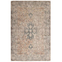 Vintage-style area rug with an ornate central medallion and floral motifs, featuring a distressed colour palette of beige, dusty blue, and muted browns.