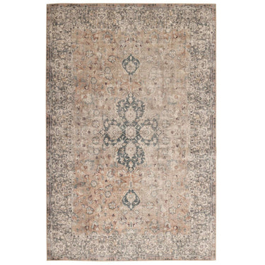 Vintage-style area rug with an ornate central medallion and floral motifs, featuring a distressed colour palette of beige, dusty blue, and muted browns.