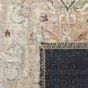Close-up detail of an area rug corner showing a distressed traditional pattern in beige, dusty blue, and muted orange, with backing.