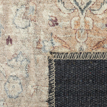 Close-up detail of an area rug corner showing a distressed traditional pattern in beige, dusty blue, and muted orange, with backing.