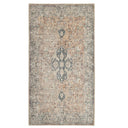 runner rug with an ornate central medallion and floral border pattern in muted beige, grey, and soft blue tones.
