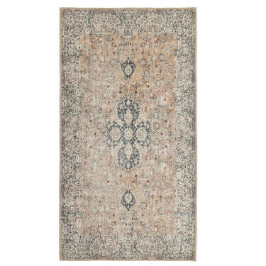 runner rug with an ornate central medallion and floral border pattern in muted beige, grey, and soft blue tones.