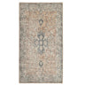 runner rug with an ornate central medallion and floral border pattern in muted beige, grey, and soft blue tones.