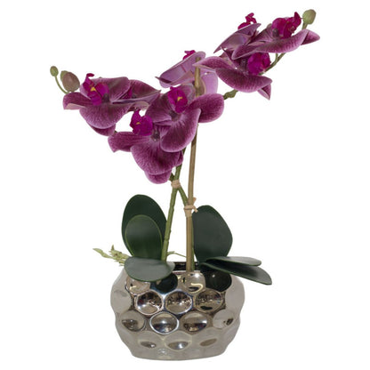 faux purple orchid in silver pot