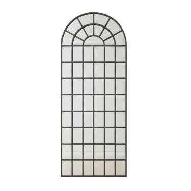  Dstressed frame finish and window-style panes on the Fenestra arched mirror by Woodka Interiors.