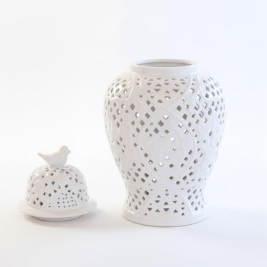 Finch Ginger Jar lid placed next to the ornamental ceramic jar