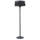 Fireglow Ash floor standing patio heater with LED floor lamp and black shade.