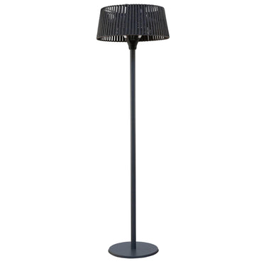 Fireglow Ash floor standing patio heater with LED floor lamp and black shade.