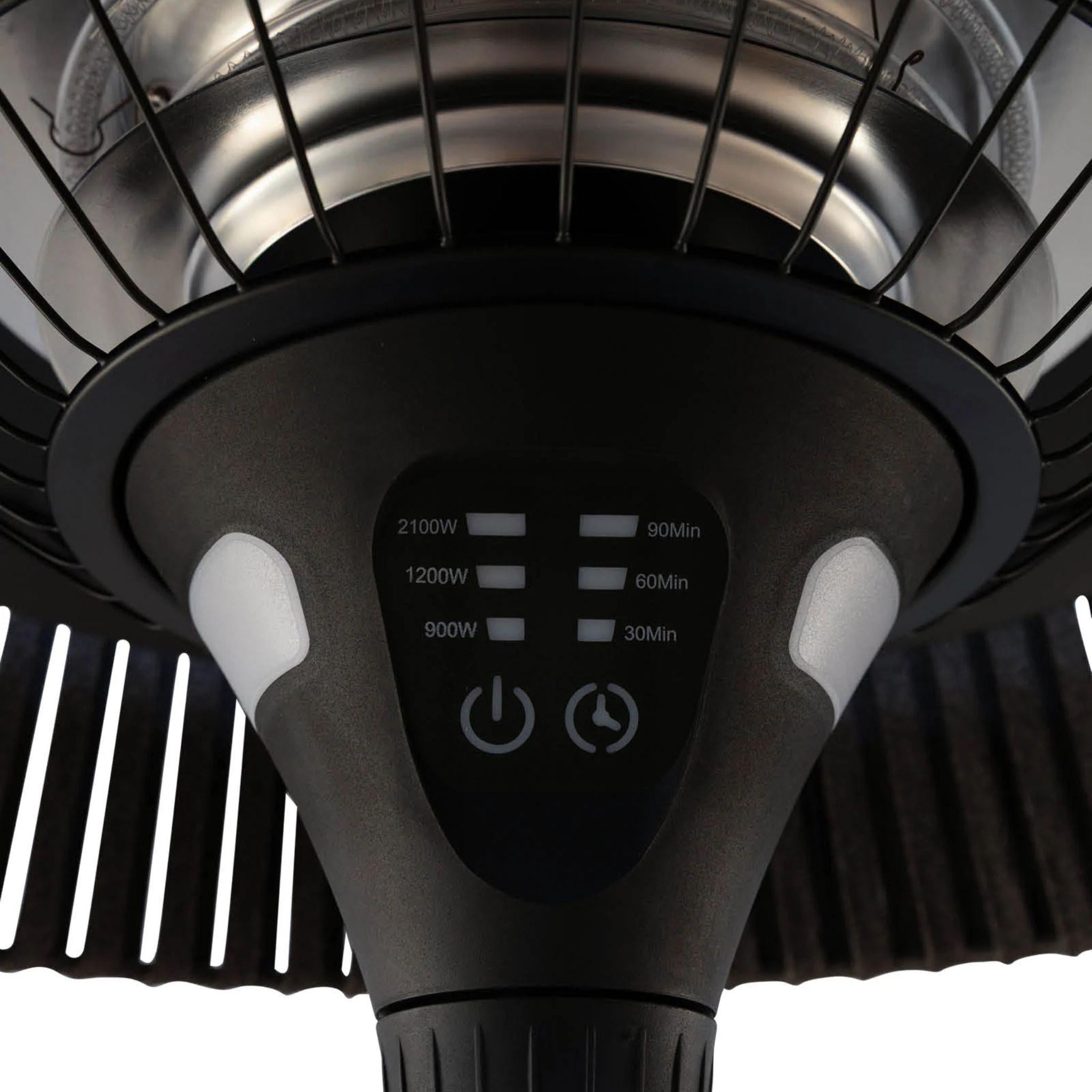 Fireglow patio heater control panel in Ash balck showing touch buttons for instant directional heat and LED light settings.