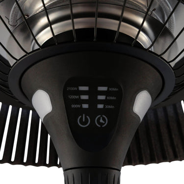 Fireglow patio heater control panel in Ash balck showing touch buttons for instant directional heat and LED light settings.