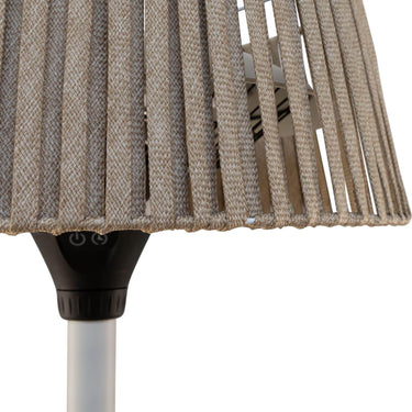 Fireglow patio heater in stone with UV-resistant rope shade.