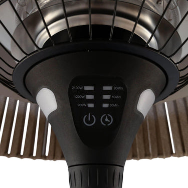 Fireglow patio heater control panel in stone beige, showing touch buttons for power and timer settings